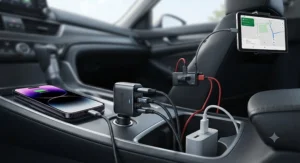 A versatile multi-port 65w car charger designed to charge multiple gadgets simultaneously during a journey.