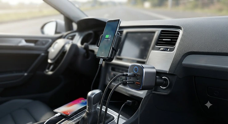 A sleek multi-port car charger plugged into a vehicle dashboard socket powering multiple devices