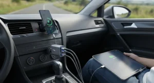 A multi-port fast charging car adapter powering a mobile phone and tablet simultaneously on a road trip.