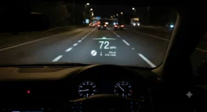 View from the driver's seat at night showing a bright HUD speed display
