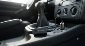 A plug-and-play aux bluetooth adapter with USB charging cable resting on a car centre console.