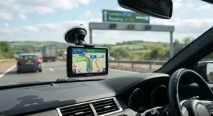 View through a car windscreen showing a sat nav device guiding a driver onto a UK motorway, priced competitively under £150.