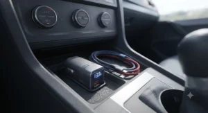 A quick-charge fast charging car adapter placed neatly in a vehicle accessory tray alongside charging cables.
