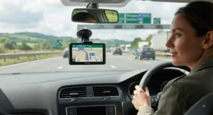 A driver navigating a long distance journey across the UK using a reliable, cost-effective sat nav system costing under £150.