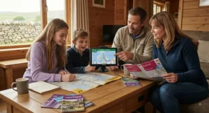 Family planning a holiday road trip across Britain using an accurate sat nav for roads.