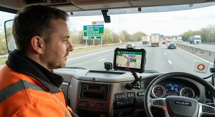 A lorry driver using a specialised sat nav mounted on the dashboard of an HGV cab on a UK motorway