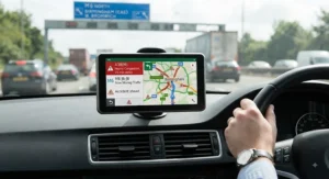 Close-up of a sat nav for roads showing real-time traffic alerts on a UK road network.
