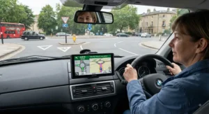 Advanced sat nav for roads interface showing helpful lane guidance for a complex UK roundabout.