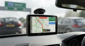 Close-up of a sat nav screen showing real-time traffic updates and motorway congestion alerts on a budget device under £150.