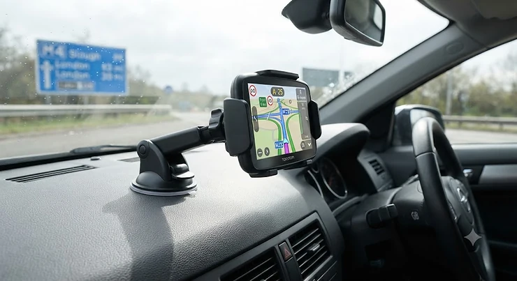 Universal sat nav mount securely attached to a car dashboard for easy navigation viewing while driving in the UK