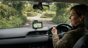 Driver checking a sat nav for roads while travelling along a scenic, narrow British country lane.