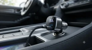 A 65w car charger equipped with a digital LED voltage display plugged into the cigarette lighter socket.
