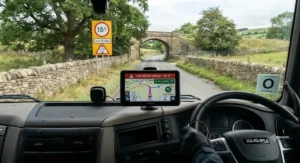 Truck sat nav screen displaying a route warning for a low bridge ahead on a British rural road