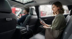 Backseat view of a passenger charging their mobile phone using a rear-extended 4 port car charger.
