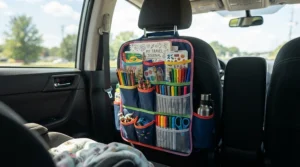 An affordable back seat organiser for kids packed with colouring books and crayons for a long journey on the motorway.