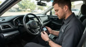 Mechanic holding an affordable OBD2 scanner under £30 inside a hatchback car.