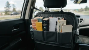 A back seat organiser for kids holding storybooks and colouring pads to prevent boredom during weekend traffic jams.