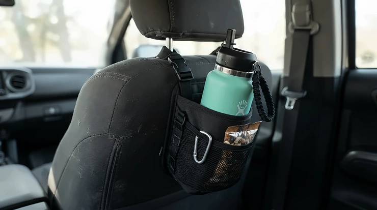 A back seat organiser for kids equipped with an insulated drinks holder for a refreshing juice box on a summer drive.