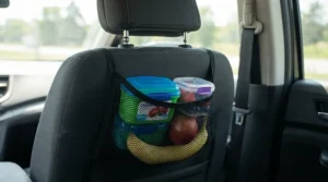 A durable back seat organiser for kids featuring multiple mesh pockets filled with healthy snacks for a family day out.