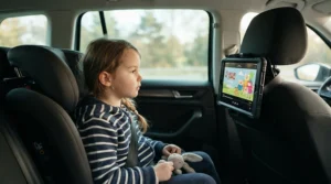 A back seat organiser for kids securely holding a tablet displaying a cartoon for a child during a family road trip.