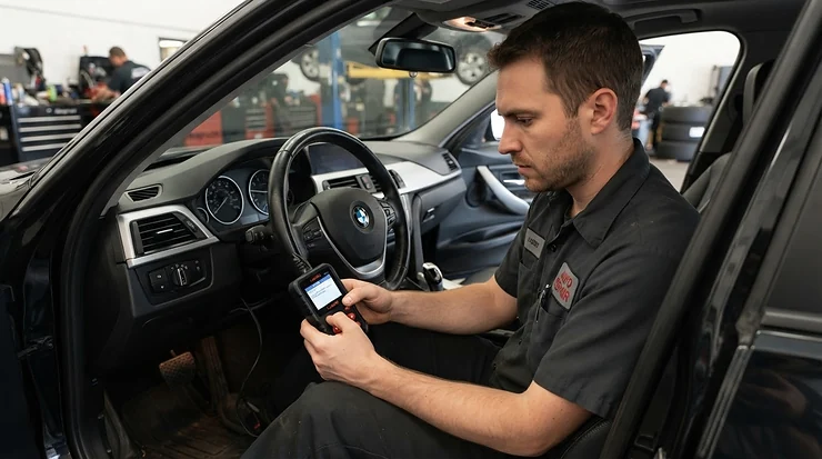 Novice motorist operating an OBD2 scanner for beginners in a home garage