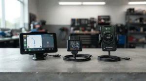 Various types of fuel economy monitor for car devices displayed side by side on a workbench
