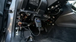 A bluetooth OBD2 scanner plugged into a car dashboard port beneath the steering wheel