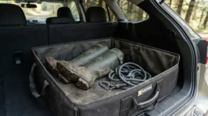 A waterproof boot organiser for car keeping muddy wellies and dog walking accessories contained