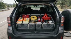 A heavy-duty boot organiser for car containing winter safety gear and high-vis jackets for UK drivers