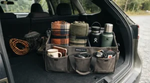 A spacious boot organiser for car holding blankets and flasks for a family day out