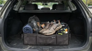 A versatile boot organiser for car holding muddy football boots and sports equipment after training