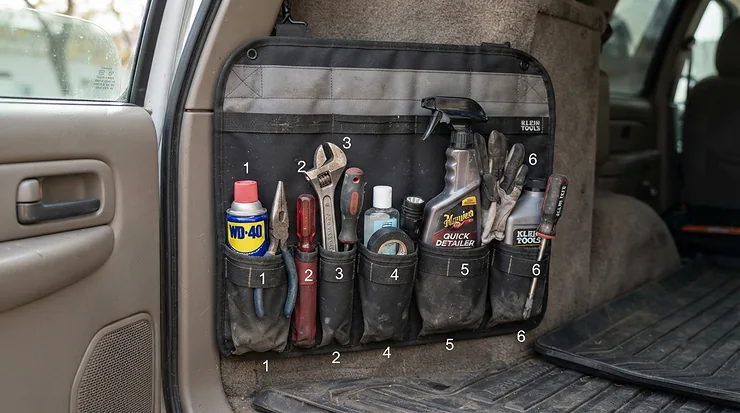 A multi-pocket boot organiser for car holding DIY tools and cleaning supplies securely