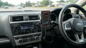 Car diagnostic mobile application open on a smartphone next to a plugged-in bluetooth OBD2 scanner