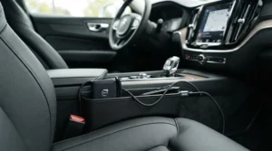 Car seat gap filler with a convenient cable routing slot to keep phone chargers tangle-free