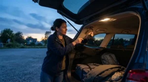 Driver unloading shopping bags from car shopping hooks for boot under street lighting after dark