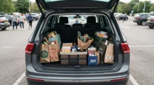 Spacious family hatchback boot featuring car shopping hooks for boot loaded with colourful carrier bags