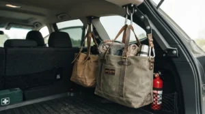 Sturdy car shopping hooks for boot loaded with heavy supermarket shopping bags after a trip to the shops