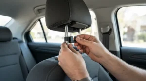 Easy installation of car shopping hooks for boot onto factory headrest posts or mounting points