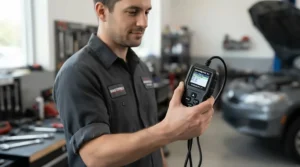 Compact handheld OBD2 scanner for beginners being held up for a size comparison