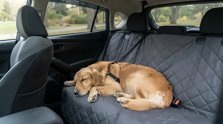 A golden retriever sitting comfortably on a fitted dog seat cover for car