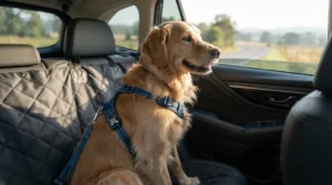 A secure dog seat cover for car featuring a harnessed pet ready for a journey
