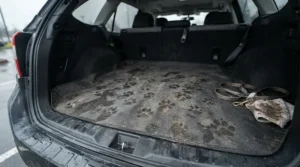 Muddy paw prints on a wipe-clean dog seat cover for car after a rainy walk