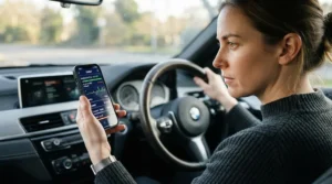 Driver reading car fault codes via a bluetooth OBD2 scanner connected to a mobile app