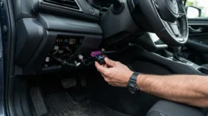 Easy plug and play bluetooth OBD2 scanner being inserted into a vehicle port