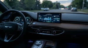 Digital fuel economy monitor for car mounted on a modern dashboard showing miles per gallon data