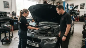 Mechanic and driver reviewing fuel economy monitor for car data during a vehicle service
