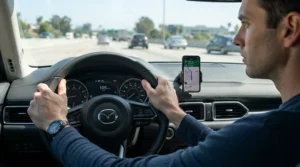 Driver checking a fuel economy monitor for car to improve fuel efficiency on a motorway journey