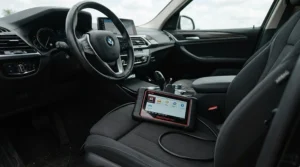 An inexpensive OBD2 scanner resting on a car centre console next to a steering wheel.