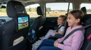 An iPad holder integrated into a back seat organiser for kids, keeping young passengers entertained on a trip to the coast.