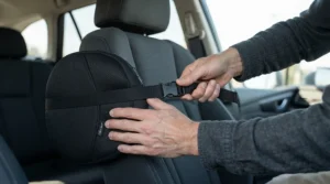 Fitting an adjustable lumbar support cushion for car seat into place before a long journey